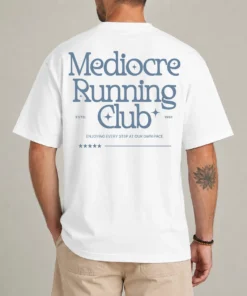 Mediocre running club tee front view funny sporty graphic shirt
