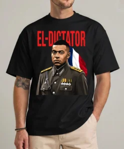 Black Mbappe El Dictador shirt with satirical dictator caricature and gold lettering