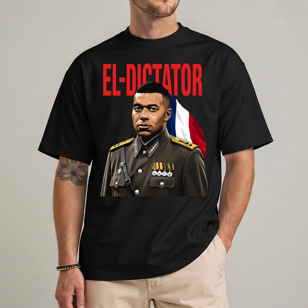 Kylian Mbappe T Shirt – El Dictator Funny Soccer Fan Tee 1 Black Mbappe El Dictador shirt with satirical dictator caricature and gold lettering