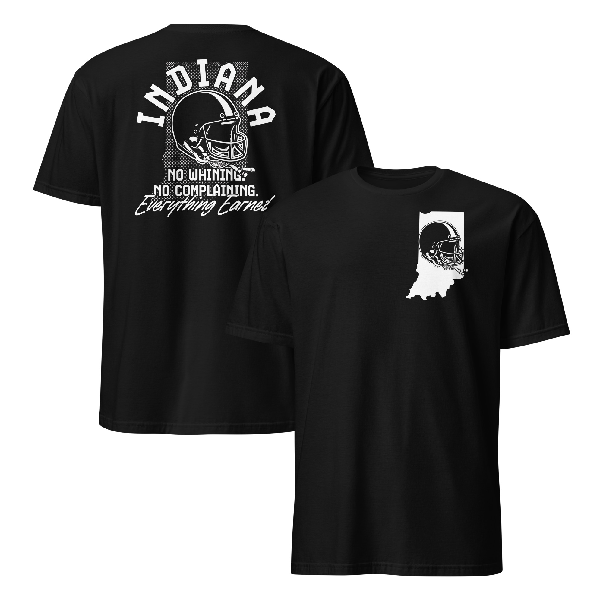 Indiana Football Shirt – No Whining Helmet Tee 1 Indiana Football shirt with state silhouette and football helmet illustration