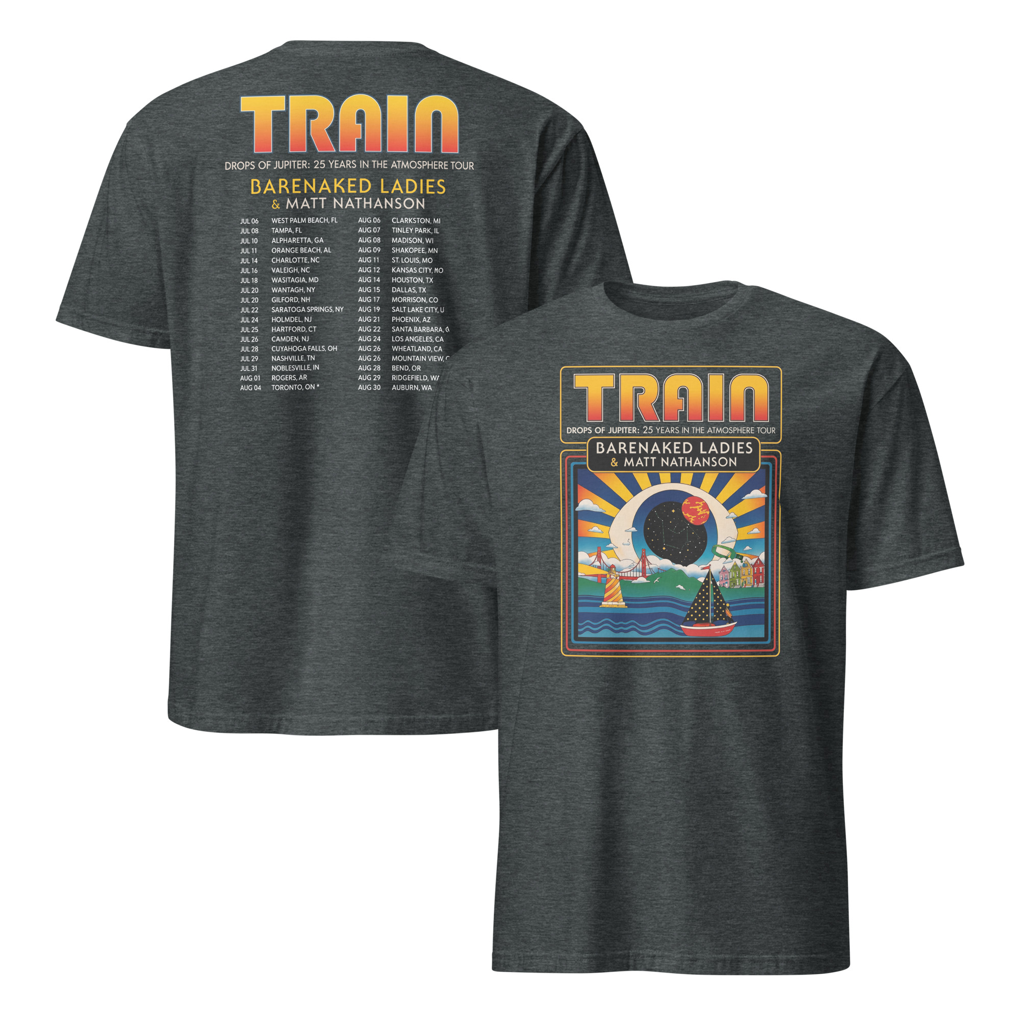Train Drops of Jupiter Tour Shirt | Fan Concert Tee 3 Close-up of Train Drops of Jupiter tour shirt design print detail