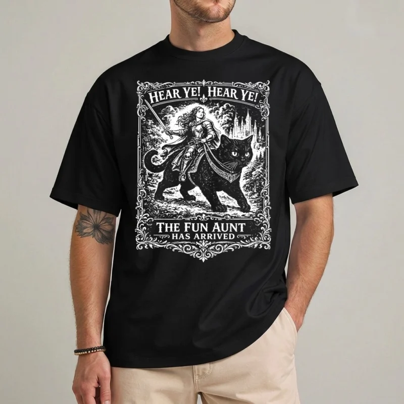 Hear Ye Hear Ye Fun Aunt Shirt – Funny Aunt Tee 2 Hear Ye Hear Ye Fun Aunt shirt with medieval armored rider on black cat illustration