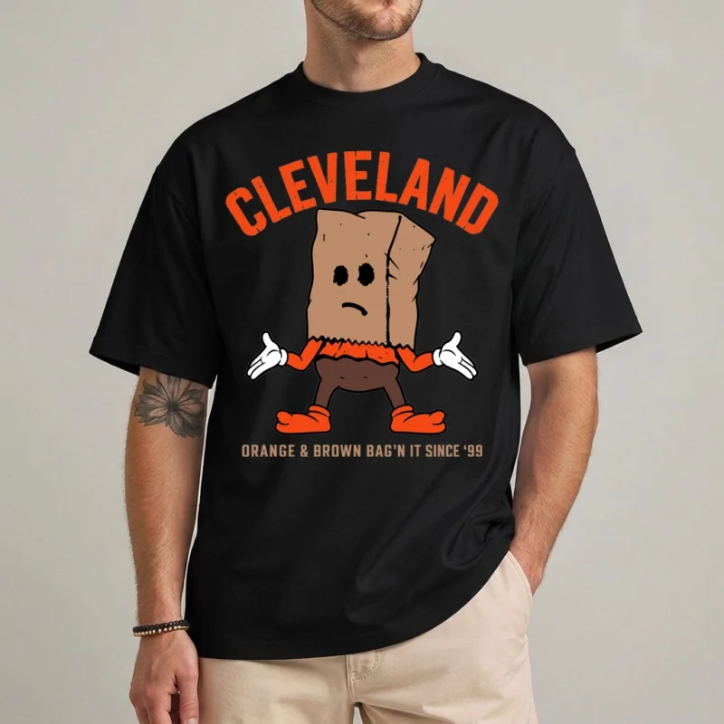 Cleveland Orange and Brown Shirt | Bag'n It Since 99 2 Cleveland orange and brown shirt front view paper bag fan graphic tee