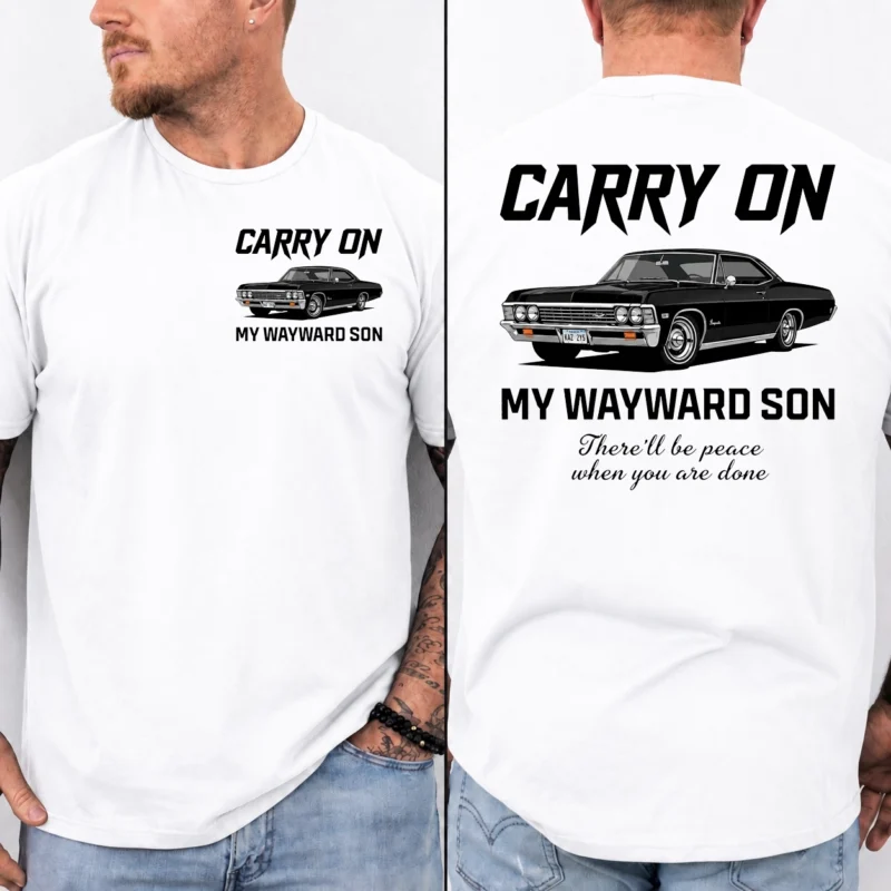 Carry On My Wayward Son Car Shirt | Classic Car Tee 2 Carry On My Wayward Son car shirt front and back view