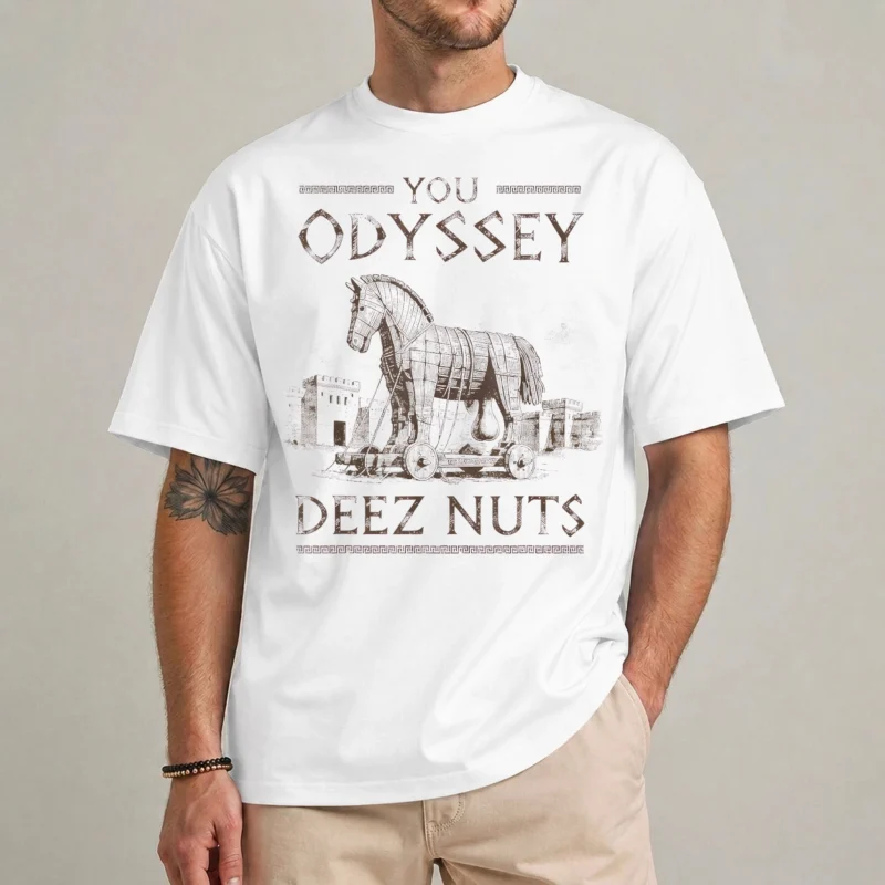You Odyssey Deez Nuts Shirt – Funny Greek Pun Tee 2 You Odyssey Deez Nuts shirt with Trojan Horse illustration