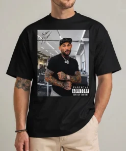 Dustin Poirier Shirt in black with an album-sleeve style photo panel and printed signature graphic