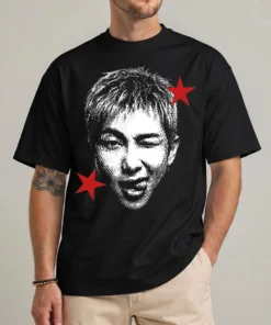 RM Arirang Tour Shirt in black with a halftone portrait graphic and two red stars