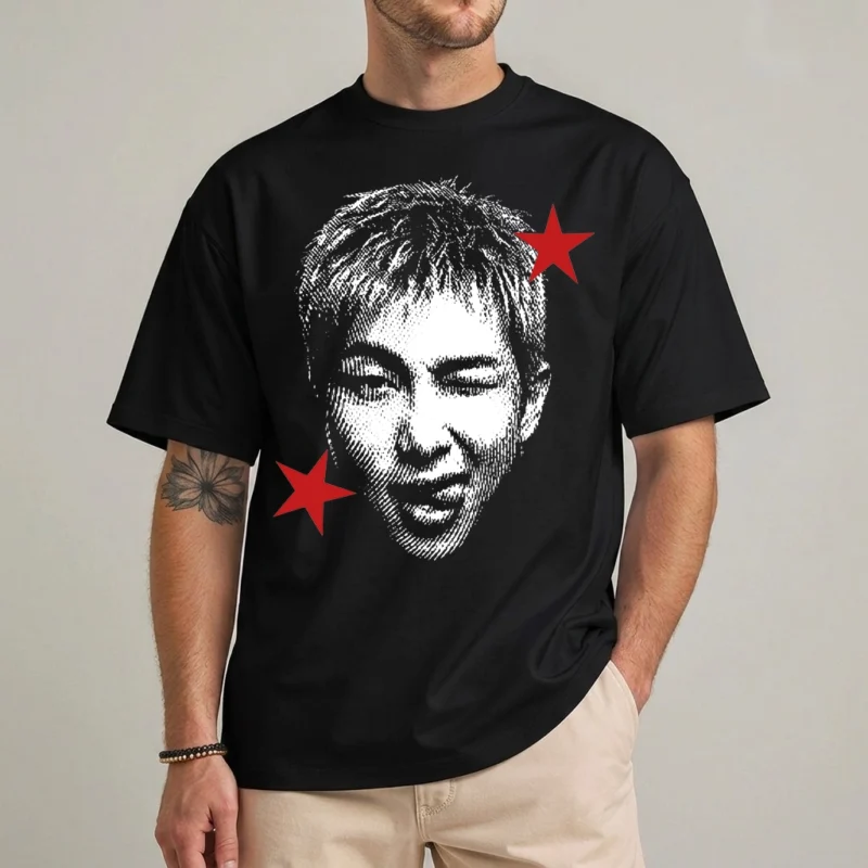 RM Arirang Tour Shirt | Kpop 2026 Concert Graphic Tee 2 RM Arirang Tour Shirt in black with a halftone portrait graphic and two red stars