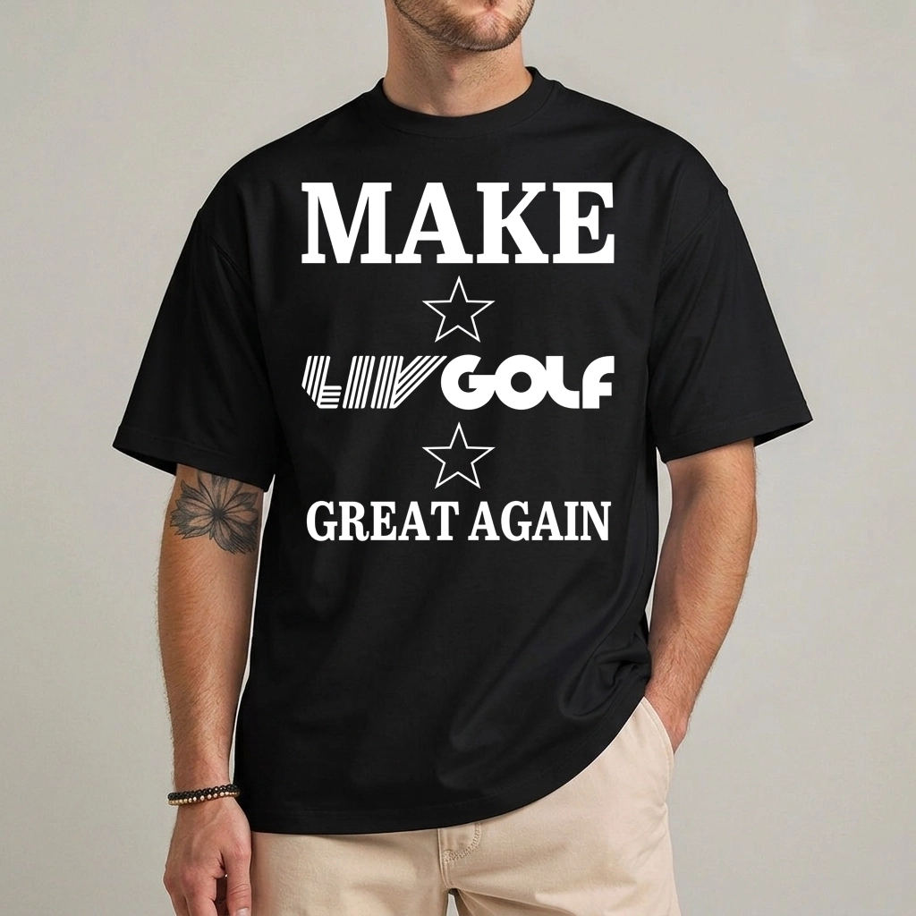 Make LIV Golf Great Again Shirt 1 Make LIV Golf Great Again Shirt in black with white slogan lettering and two stars
