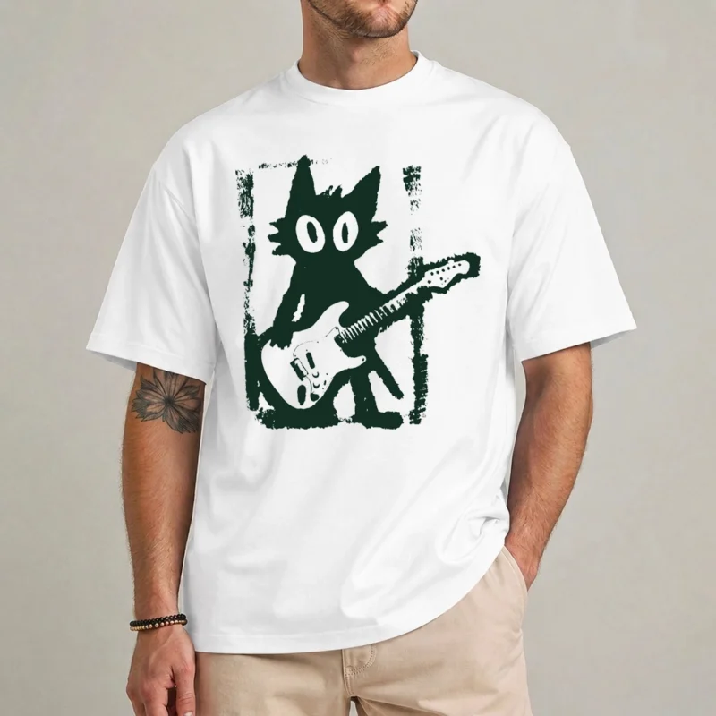 Cat Playing Guitar Shirt - Rock Cat Graphic Tee 2 Cat playing guitar shirt front view rock and roll t-shirt design