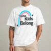 Trans Kids Belong shirt with pastel rainbow arc design