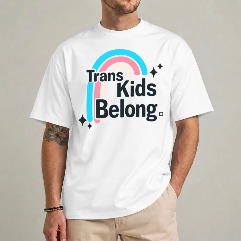Trans Kids Belong Shirt – Statement Ally Tee 2 Trans Kids Belong shirt with pastel rainbow arc design