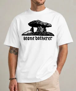 Stone Botherer T-Shirt in white with a woodcut dolmen illustration and blackletter lettering