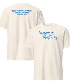Y2K Statement Shirt | I Want It That Way Two-Sided Tee 8 Cream graphic tee with blue script on front and Into the Millennium Homecoming Düsseldorf 2026 on back