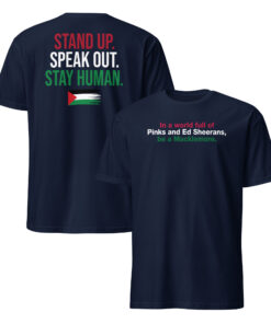 Navy shirt shown front and back with Be a Macklemore wording and Palestinian flag graphic