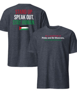 Be A Macklemore Shirt | Music Comparison Meme Tee 8 Heather navy graphic tee, front and back views with red, white and green slogans and Palestinian flag