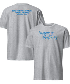 Light gray tee, front and back views with blue song-title script and Düsseldorf 2026 homecoming text