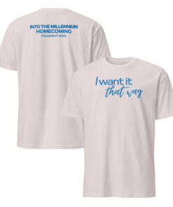 Y2K Statement Shirt | I Want It That Way Two-Sided Tee 7 Pale pink shirt showing blue I Want It That Way front lettering and Millennium Homecoming back artwork