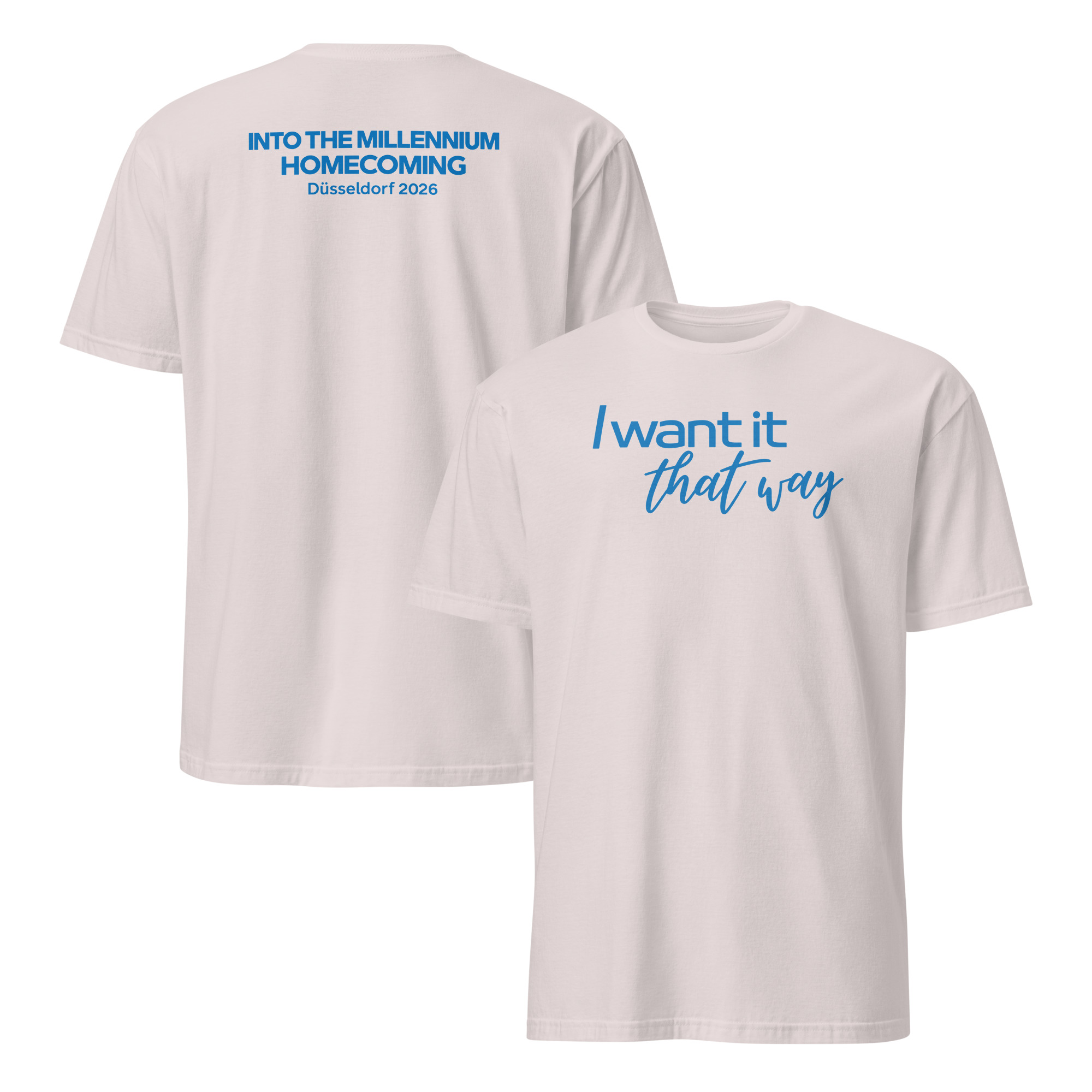 Y2K Statement Shirt | I Want It That Way Two-Sided Tee 3 Pale pink shirt showing blue I Want It That Way front lettering and Millennium Homecoming back artwork
