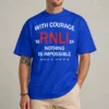Model wearing a blue RNLI courage shirt with red RNLI initials and white With Courage Nothing Is Impossible lettering