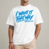 Person wearing a white I Want It That Way Shirt with blue Düsseldorf 2026 lettering