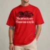 Person wearing a red Very Chinese Time Shirt with a black dragon and white meme slogan
