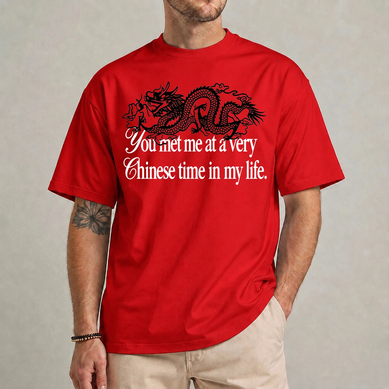 Very Chinese Time Shirt | Bold Dragon Meme Tee 1 Person wearing a red Very Chinese Time Shirt with a black dragon and white meme slogan