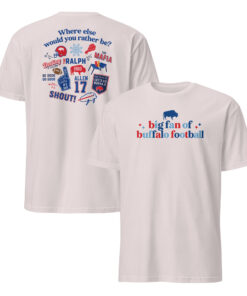 Big Fan of Buffalo Football Shirt | Two-Sided Tee 8 Ice grey Big Fan of Buffalo Football shirt showing a small front slogan and a red-and-blue back collage