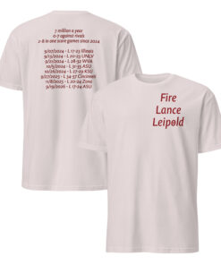 Ice grey Fire Lance Leipold shirt showing a small red front slogan and a longer red back text graphic