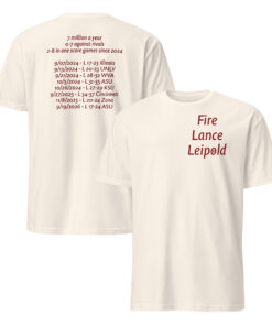Natural Fire Lance Leipold shirt showing a small red front slogan and a longer red back text graphic