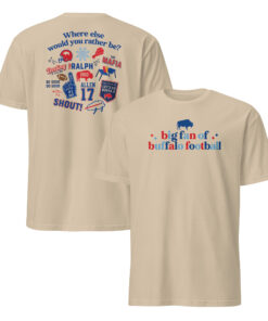 Sand Big Fan of Buffalo Football shirt showing a small front slogan and a red-and-blue back collage