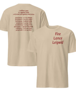 Sand Fire Lance Leipold shirt showing a small red front slogan and a longer red back text graphic