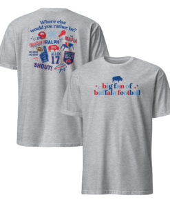 Big Fan of Buffalo Football Shirt | Two-Sided Tee 7 Sport grey Big Fan of Buffalo Football shirt showing a small front slogan and a red-and-blue back collage