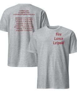 Sport grey Fire Lance Leipold shirt showing a small red front slogan and a longer red back text graphic
