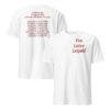White Fire Lance Leipold shirt showing a small red front slogan and a longer red back text graphic