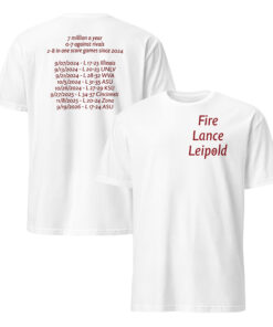 White Fire Lance Leipold shirt showing a small red front slogan and a longer red back text graphic