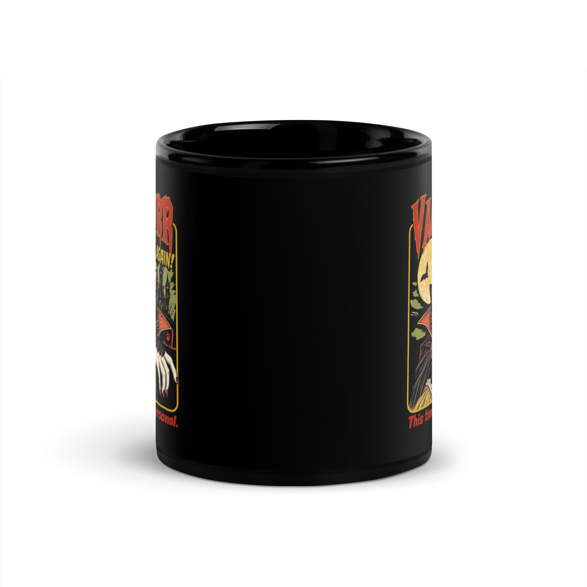 Vampire Cat Mug - Retro Halloween Black Coffee Cup 3 Vampire Cat Mug, 11 oz, front view