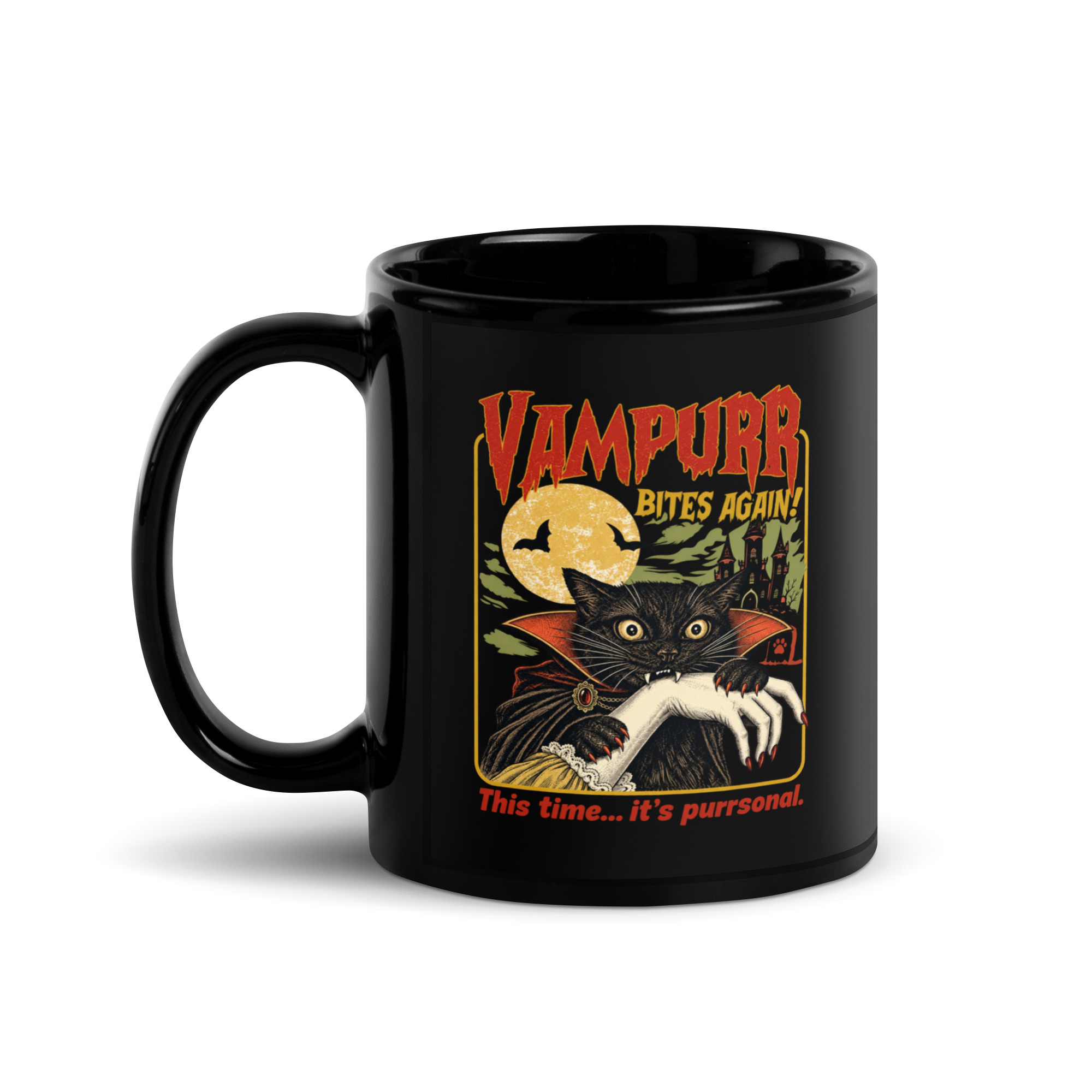Vampire Cat Mug - Retro Halloween Black Coffee Cup 2 Vampire Cat Mug, 11 oz, handle on the left