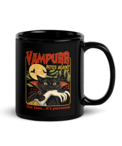 Vampire cat mug, black glossy mug with a caped black cat biting under a full moon and a castle, retro horror poster style