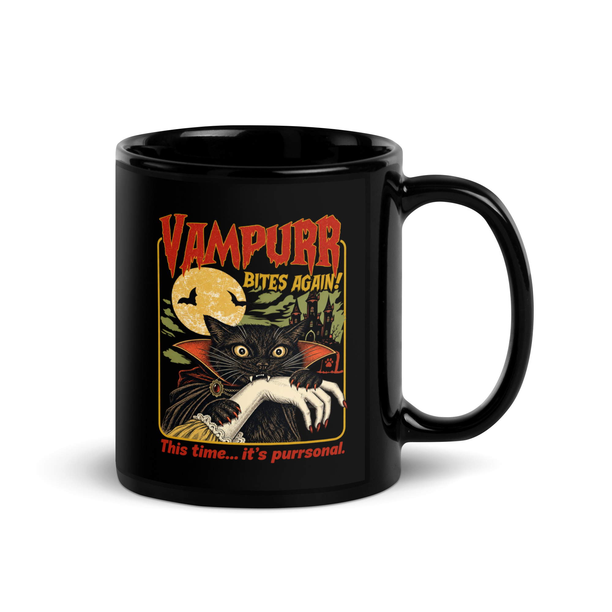 Vampire Cat Mug - Retro Halloween Black Coffee Cup 1 Vampire cat mug, black glossy mug with a caped black cat biting under a full moon and a castle, retro horror poster style