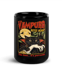 Vampire Cat Mug - Retro Halloween Black Coffee Cup 11 Vampire Cat Mug, 15 oz, front view