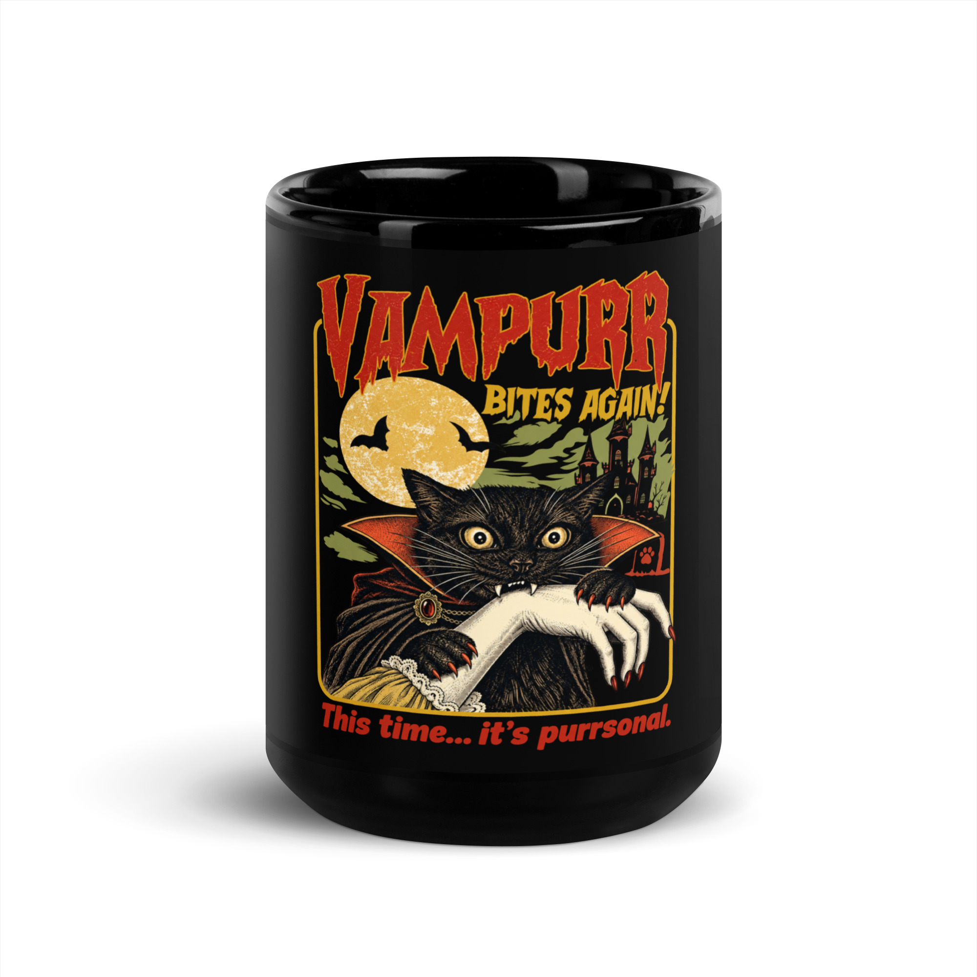 Vampire Cat Mug - Retro Halloween Black Coffee Cup 6 Vampire Cat Mug, 15 oz, front view
