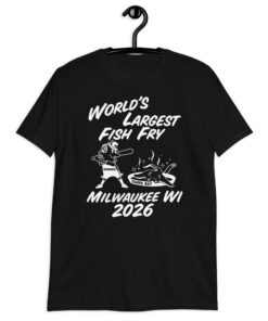 World’s Largest Fish Fry — black shirt with World's Largest Fish Fry lettering, cartoon cooking scene, and Milwaukee WI 2026 text, front view