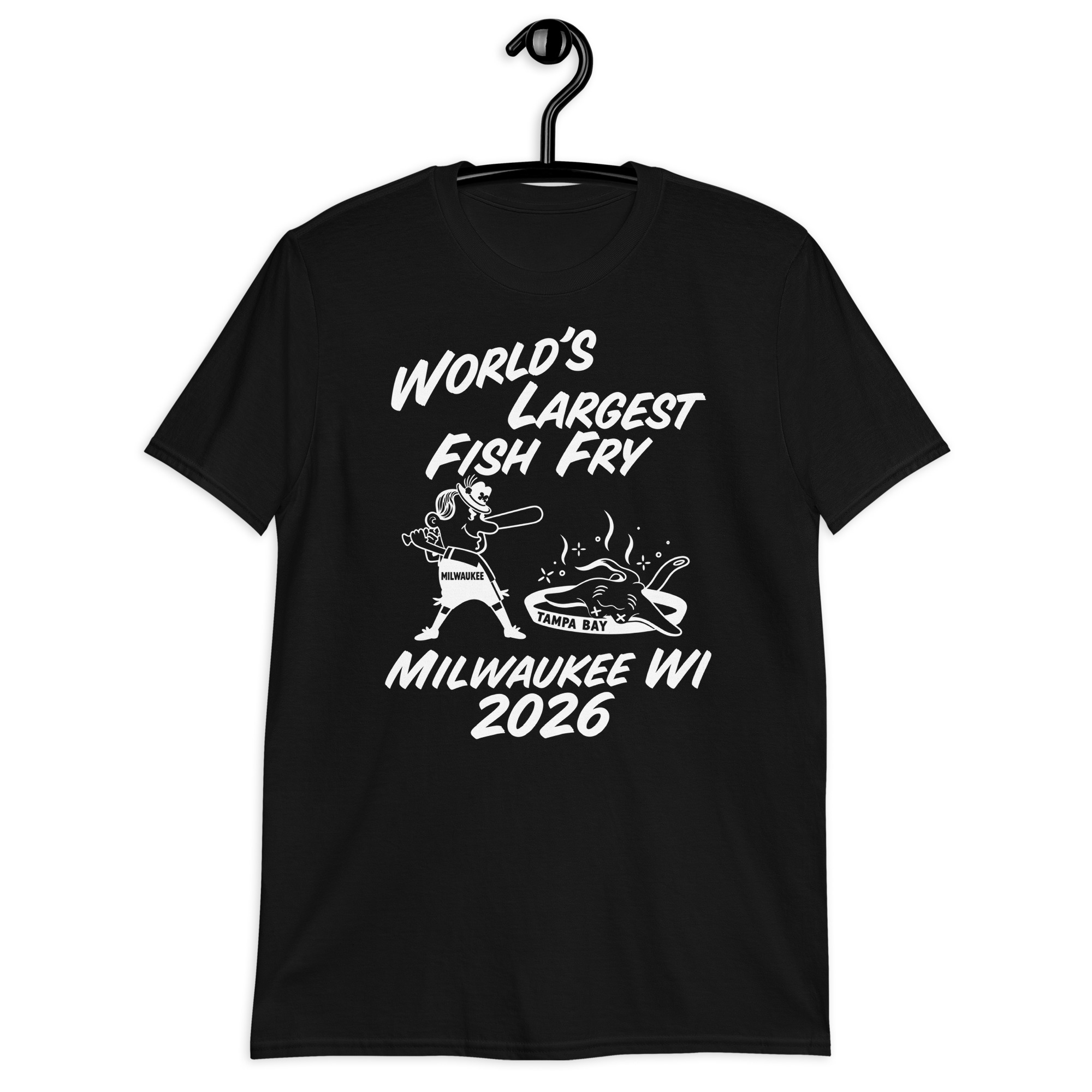 World’s Largest Fish Fry Milwaukee WI 2026 T-Shirt 1 World’s Largest Fish Fry — black shirt with World's Largest Fish Fry lettering, cartoon cooking scene, and Milwaukee WI 2026 text, front view