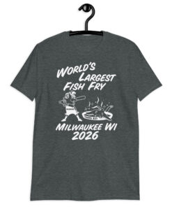 World’s Largest Fish Fry Milwaukee WI 2026 T-Shirt 7 Dark heather shirt with World's Largest Fish Fry lettering, cartoon cooking scene, and Milwaukee WI 2026 text, front view