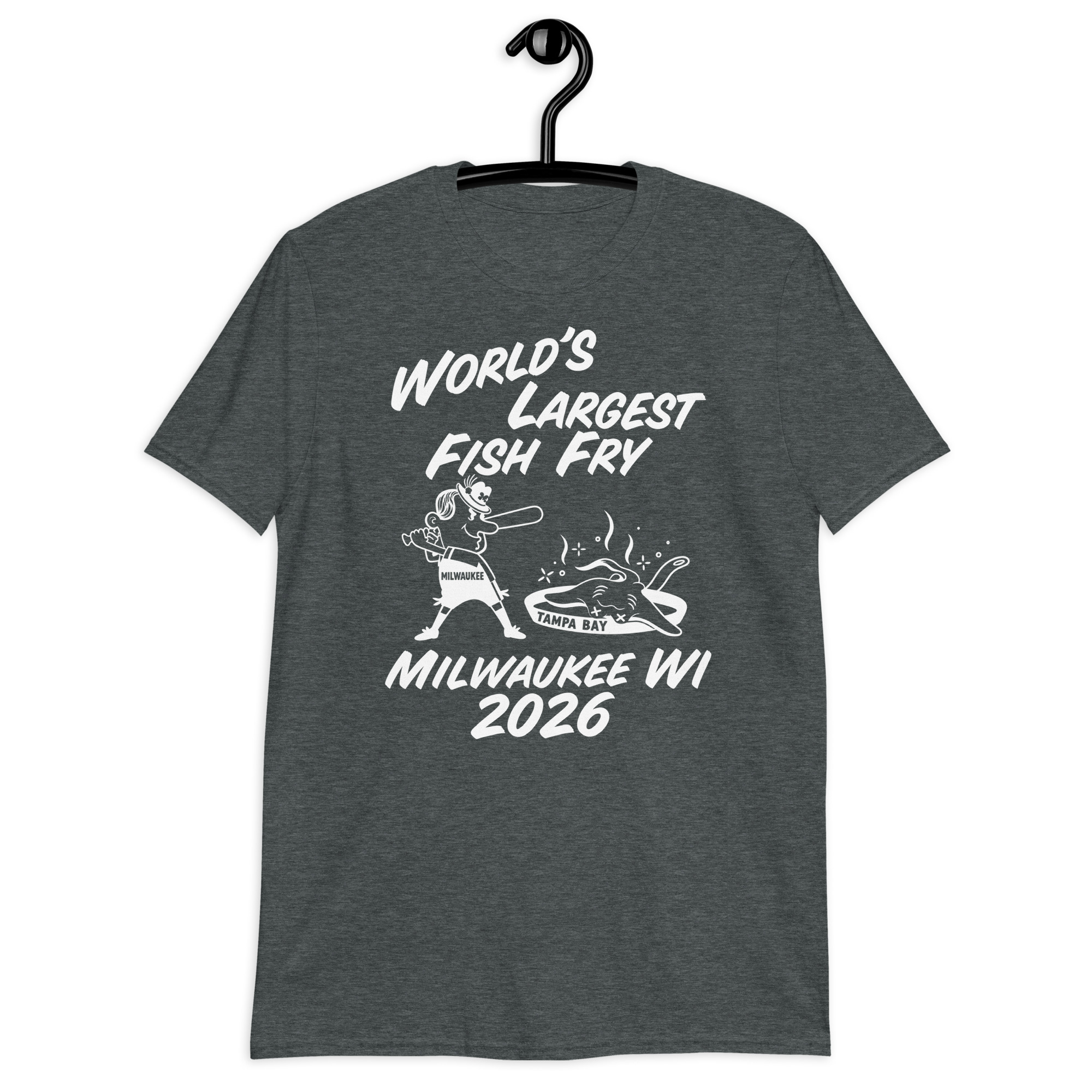 World’s Largest Fish Fry Milwaukee WI 2026 T-Shirt 3 Dark heather shirt with World's Largest Fish Fry lettering, cartoon cooking scene, and Milwaukee WI 2026 text, front view