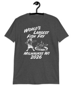 World’s Largest Fish Fry Milwaukee WI 2026 T-Shirt 9 Dark heather grey shirt with World's Largest Fish Fry lettering, cartoon cooking scene, and Milwaukee WI 2026 text, front view
