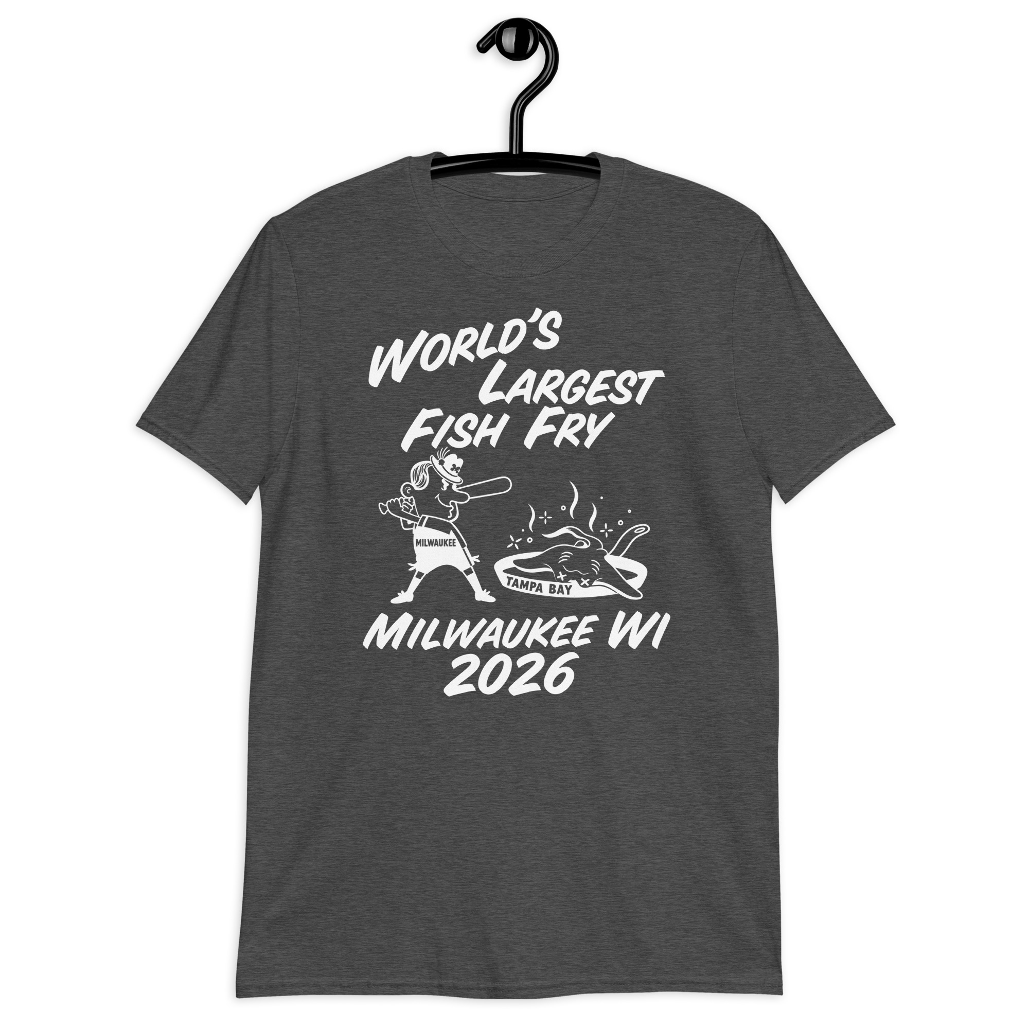 World’s Largest Fish Fry Milwaukee WI 2026 T-Shirt 5 Dark heather grey shirt with World's Largest Fish Fry lettering, cartoon cooking scene, and Milwaukee WI 2026 text, front view