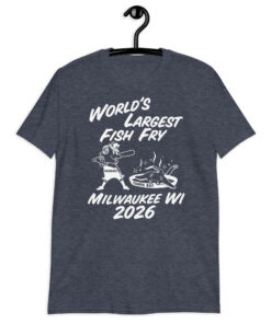 World’s Largest Fish Fry Milwaukee WI 2026 T-Shirt 8 Heather navy shirt with World's Largest Fish Fry lettering, cartoon cooking scene, and Milwaukee WI 2026 text, front view