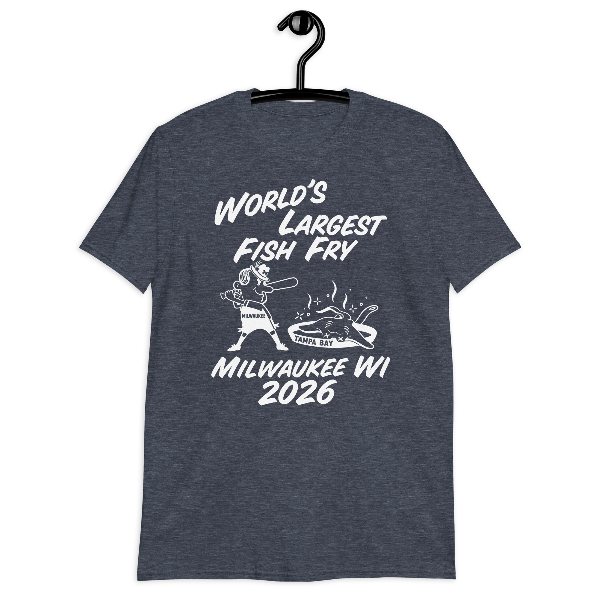 World’s Largest Fish Fry Milwaukee WI 2026 T-Shirt 4 Heather navy shirt with World's Largest Fish Fry lettering, cartoon cooking scene, and Milwaukee WI 2026 text, front view